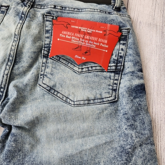 Skinny Fit Distressed Blue Wash Denim Shorts - Picture 12 of 15